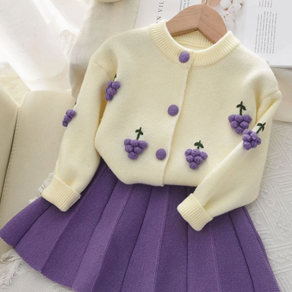 2 Pièces / Ensemble - Pull Mignon À Manches Longues Décoré D'une Boule De Pomme De Fruit Et Jup / 6ans