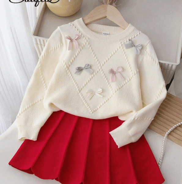 2 pièces/set Pull à manches longues et jupe plissée  Rouge / 6ans