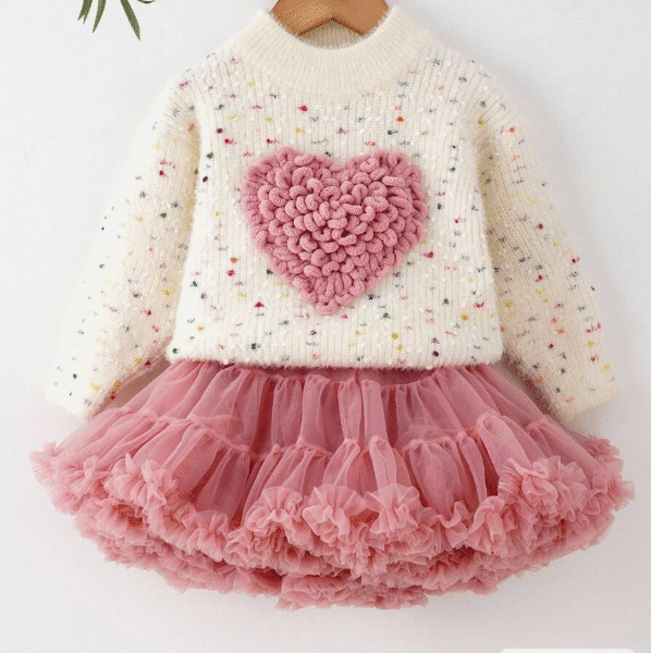 Ensemble jeune fille de pull tricoté 3D confortable et minimaliste avec jupe (4-5-6)