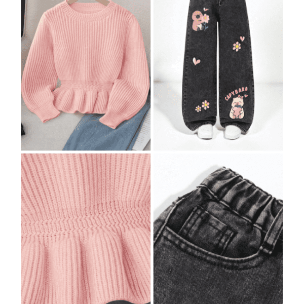 2 pièces/Set Top à manches longues en maille, style coréen +  Jean droit imprimé capybara