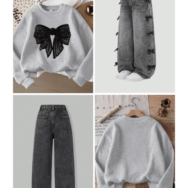 2 pièces/Set Sweat-shirt-shirt basique à manches longues, style coréen + Jeans délavés bleus légers avec nœud