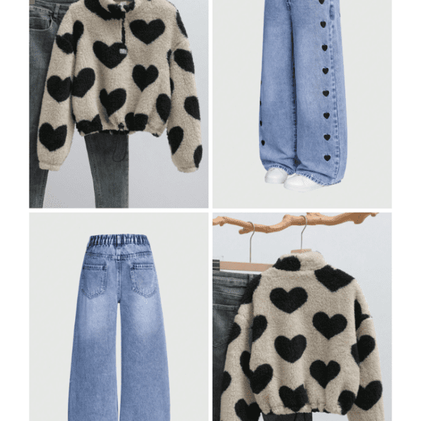 2 pièces/sweat-shirt ample et moelleux avec motif cœur, style coréen + Jeans droits à coupe ample avec broderie de cœur