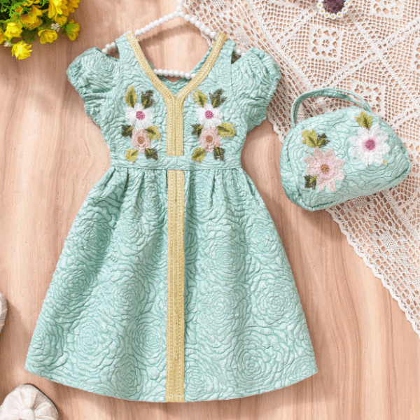 Robe d'été rétro à col en V avec sac à main Bleu azur