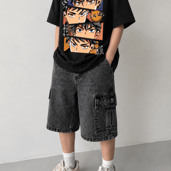 Ensemble garçon t-shirt noir imprimé manga avec short cargo denim tendance