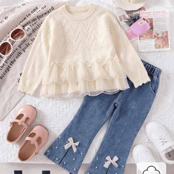 Vintaside Kids Jeune fille Élégant pull tricoté en soie, et Jeans évasés